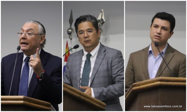 Os vereadores André Egydio, Ronaldo Onishi e Marcos Paulo disputam a eleição da presidência da Câmara de Taboão da Serra, que teve a eleição antecipada.